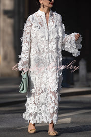 Solid Color Hollow Embroidery Loose Long Sleeve Midi Dress