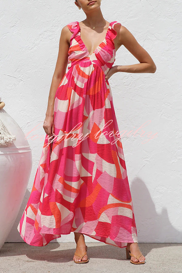 Unique Printed V-neck Ruffled Straps Pleated Back Maxi Dress