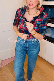 Duke of York Holiday Plaid Ruffle Stand Neck Half Sleeve Blouse