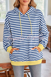 Striped Print Long Sleeve Pocket Loose Hoodie