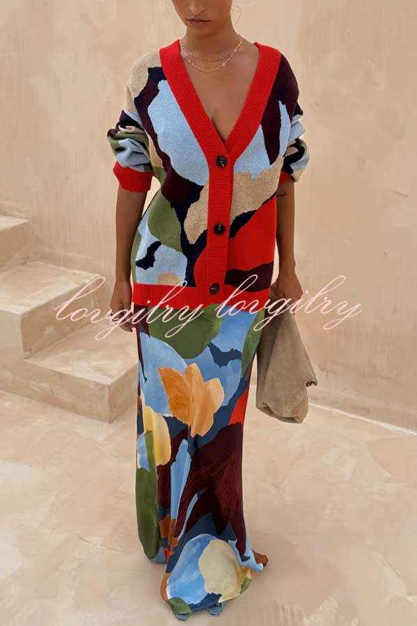 Bright and Bold Knit Abstract Color Blocks Button Long Sleeve Loose Cardigan