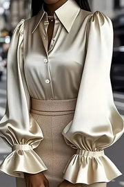 Solid Color Satin Puff Sleeve Casual Button-down Shirt
