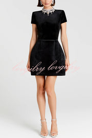 Regan Luxurious Velvet Jewel-encrusted Turtleneck Short Sleeve Pocket Tulip Mini Dress