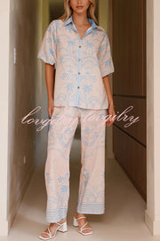 Linen Blend Lapel Puff Sleeve Loose Shirt and Casual Pocket Straight Pants Set