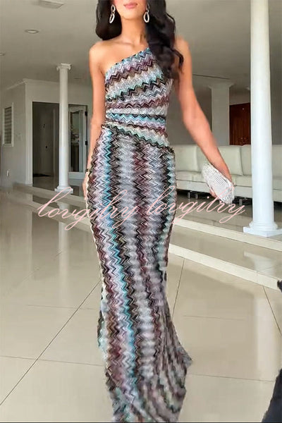 Cocktails and Vacation Knit Colorful Zigzag Pattern One Shoulder Slit Maxi Dress