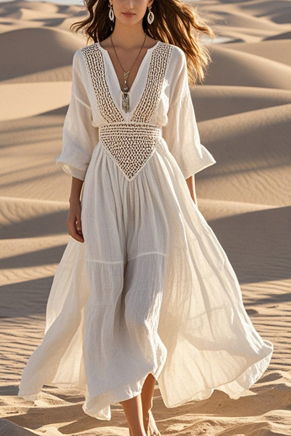 Fashion Hollow V-neck Full Hem Holiday Style Midi Dress