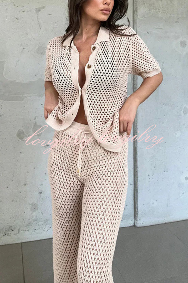 Fashion Hollow Loose Short-sleeved Top and Elastic Waist Casual Wide-leg Pants Set