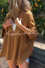 Solid Color V-neck Loose Long-sleeved Button Top