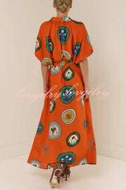 Linen Blend Unique Print Lapel Loose Tie Cardigan Maxi Dress
