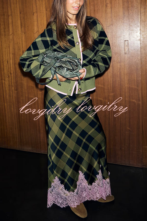 Holiday Plaid Knit Color-blocked Trim Button Long-sleeved Loose Cardigan