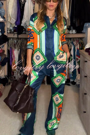 Vacation Times Satin Unique Print Button Down Oversized Blouse