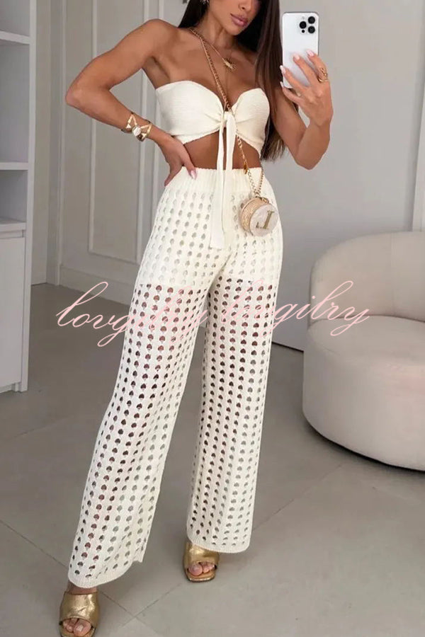 Riley Knit Front Knot Bandeau and Stretch Hollow Out Wide Leg Pants Set