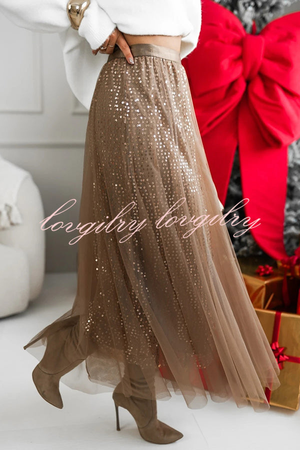 Party Daydream Sequin Tulle High Rise Elastic Waist Maxi Skirt
