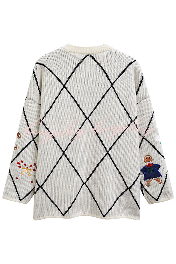 Argyle Candy Gingerbread Man Embroidered Button-knit Cardigan