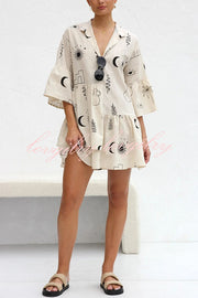 Shelby Unique Print Bell Sleeve Smock Style Tiered Shirt Mini Dress