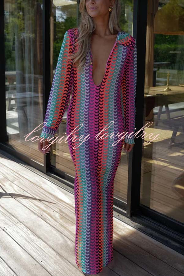 Eleanor Knit Colorful Wave Unique Print Shirt U-neck Long Sleeve Slit Maxi Dress