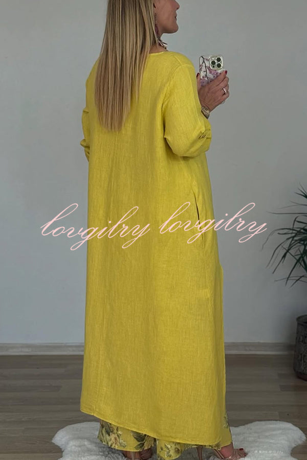 Linen Blend Crew Neck Long Sleeve Irregular Loose Top and Elastic Waist Floral Print Casual Pocket Set