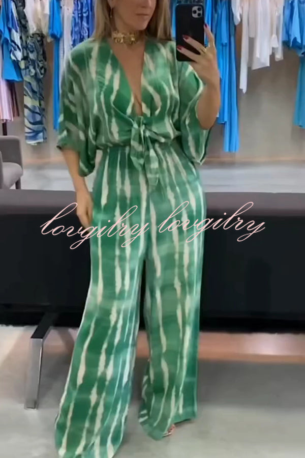 Striped Print V-Neck Lace-Up Casual Wide-Leg Jumpsuit