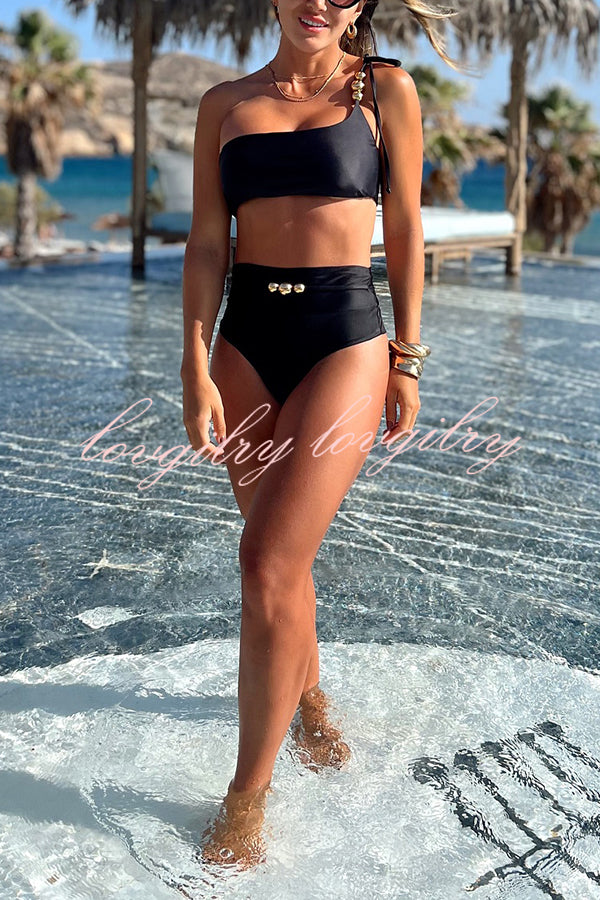 Solid Color One-shoulder High Waist Stretch Bikini Swimsuit