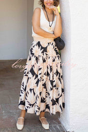 Resort Style Botanical Print Elastic Waist Loose Stitching Midi Skirt