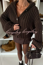 Warm Day Knit Button Up Long Balloon Sleeve Hooded Loose Cardigan
