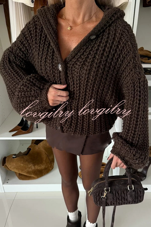 Warm Day Knit Button Up Long Balloon Sleeve Hooded Loose Cardigan
