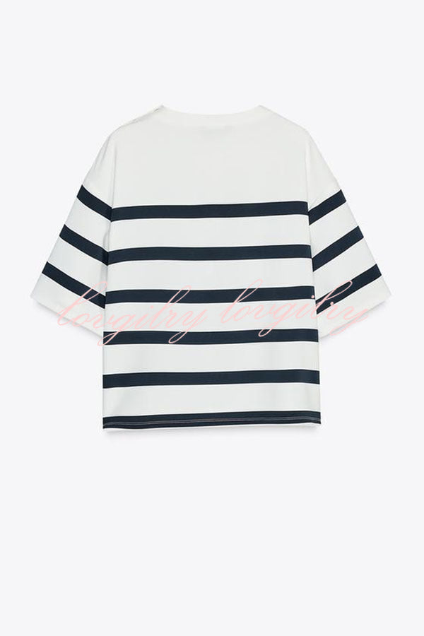 Logbook Stripe Button Shoulder T-Shirt and High-Rise Pocketed Loose  Shorts Set