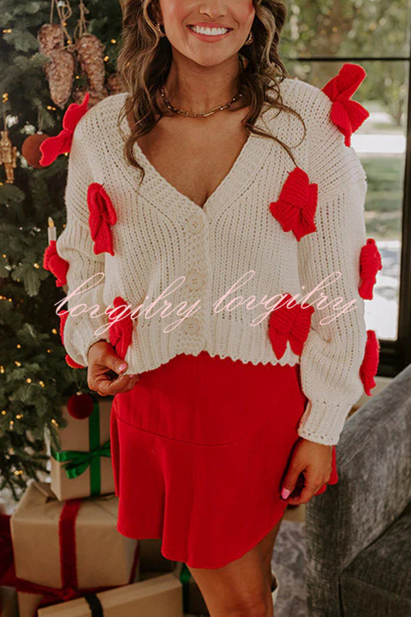 Wrapped in Bows Knit Color-blocked Loose V-neck Long-sleeved Cardigan