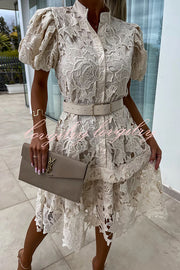 Absolutely Elegant Floral Crochet Lace Puff Sleeve Belted Shirt Midi Dress