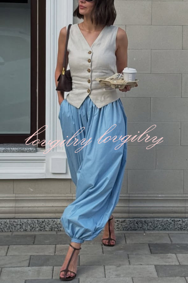 Solid Color Casual Pocket Elastic Waist Lantern Wide Leg Pants