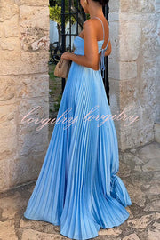 Caught Your Eye Satin Pleated Cross Straps Cutout Flowing Maxi Dress