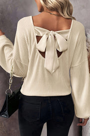 Solid Color Loose V-neck Long-sleeved Elegant Bow Knit Top