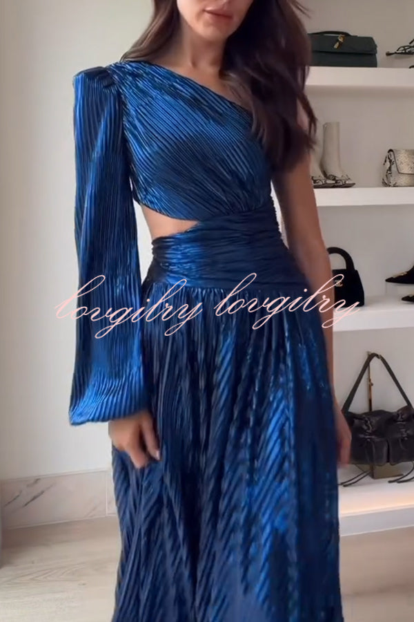 Dazzling Night Metallic Pleated One Shoulder Cutout Balloon Sleeve Gown Maxi Dress