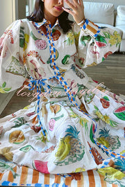 Hopeful Moments Tropical Fruit Print Balloon Sleeve Patchwork Shirt Midi Dress