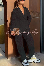 Fashionable Lace Long-sleeved Lapel Loose Top and Casual Hollow Pants Set