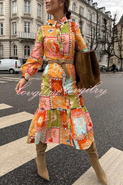 Linen Blend Unique Printed Long Sleeve Lapel Tie-waist Midi Dress