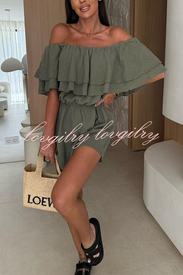 Solid Color Off-shoulder Ruffled Casual Waist Rompers