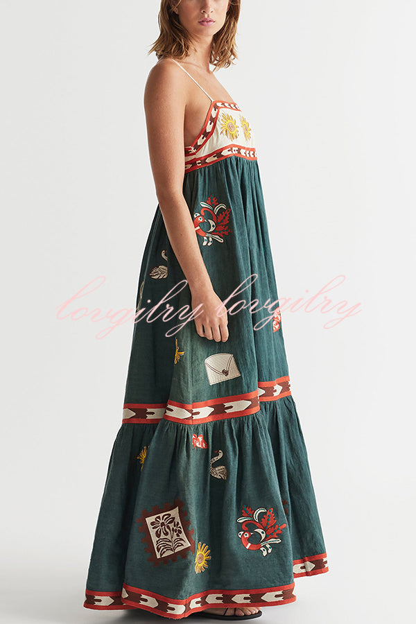 Unique Printed Sexy Suspender Backless Large Hem Maxi Dress