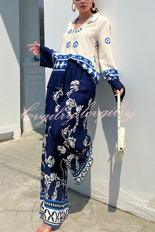 Unique Printed Lapel Long-sleeved Loose Top and Elastic Waist Casual Wide-leg Pants Set