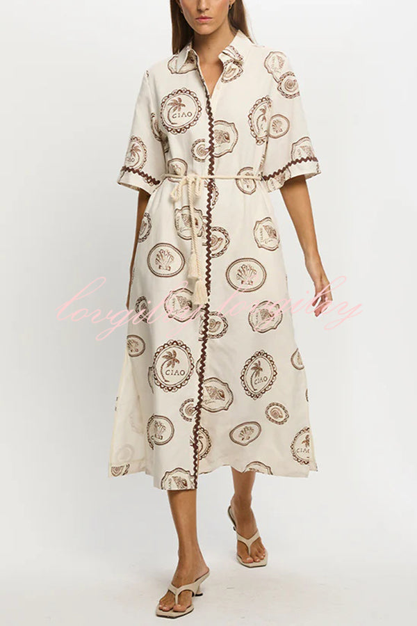Resort Style Print Lapel Short Sleeves Casual Pocket Waist Tie Loose Midi Dress