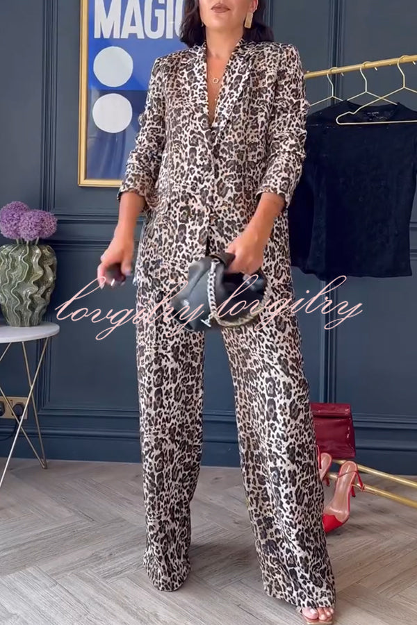 Wild Lifestyle Leopard Print Lapel Blazer and Elastic Waist Pocketed Wide Leg Pants Set