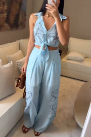 Ferrie Linen Blend Unique Print Tie-up Smocked Vest and High Rise Pocket Loose Pants Set