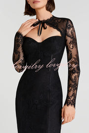 Mylene Lace Corset Cut Sweetheart Tie-up Neck Sheer Long Sleeve Slit Midi Dress