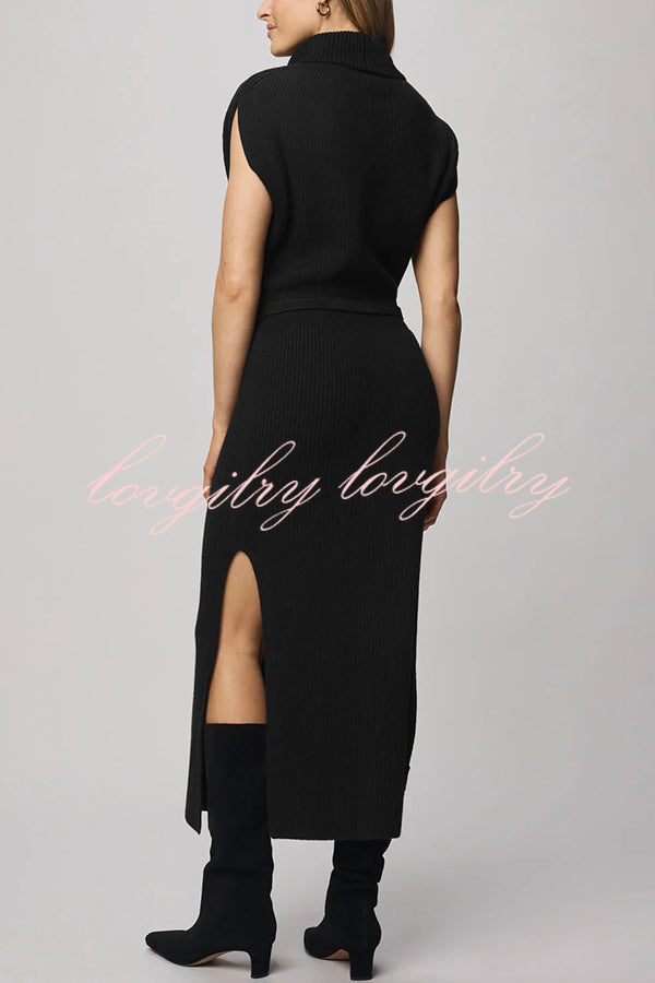 Solid Color Sleeveless Knitted Elegant Waist Midi Dress
