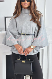 Elegant Moment Woolen Button Turtleneck Belted Oversized Cape