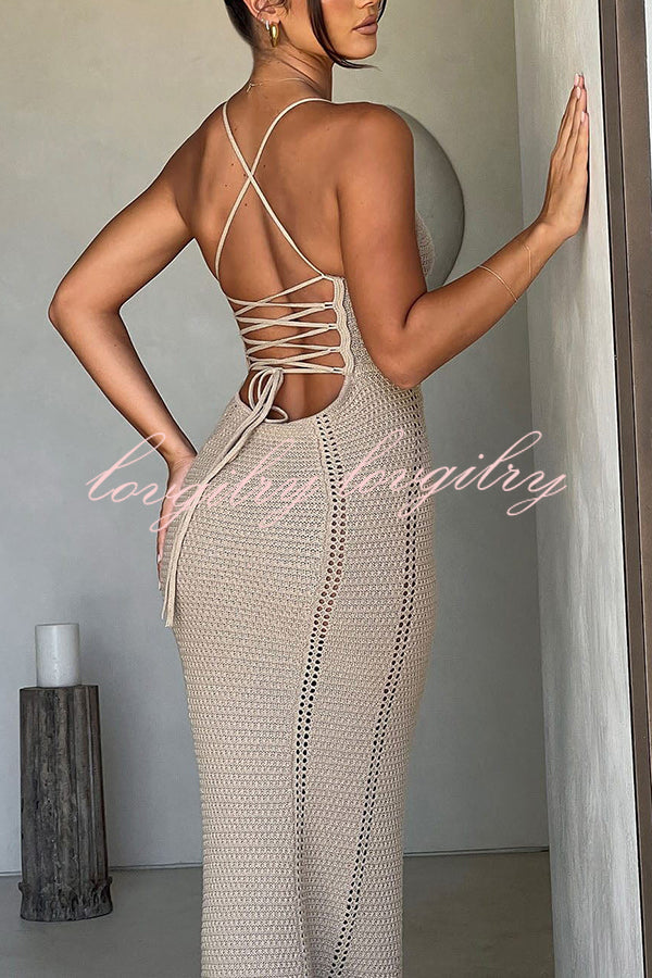 Warm Weather Favorite Knit Crochet Back Lace-up Stretch Maxi Dress