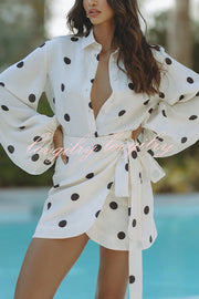 Effortlessly Linen Blend Polka Dot Balloon Sleeve Blouse and Wrap Tie-up Loose Mini Skirt Set
