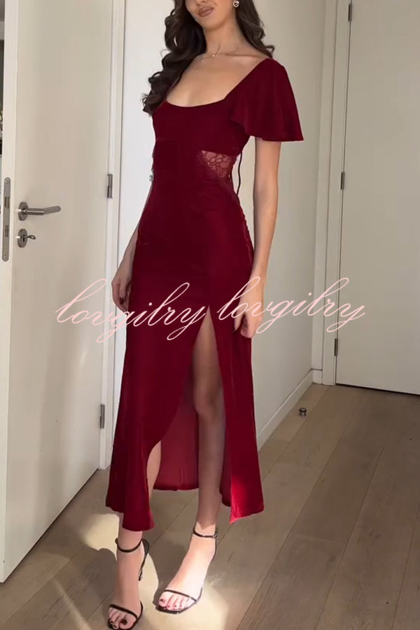 Yumi Velvet Lace Patchwork Bell Sleeve Back Lace-up Slit Midi Dress