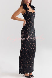 Holiday Intimacy Embroidered Floral Lace Bow Shoulder Straps Slit Maxi Dress