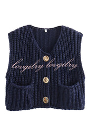 Solid Color Sleeveless Pocket Knitted Vest